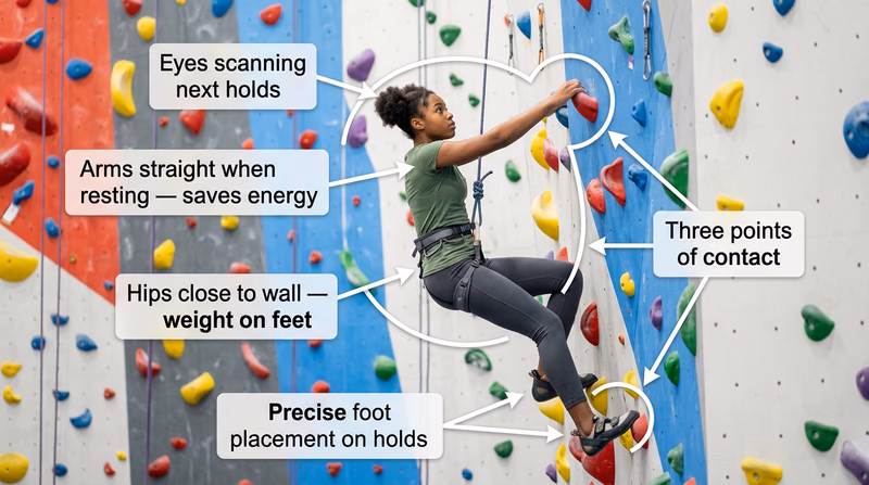 A climber on an indoor wall demonstrating proper technique with annotated callouts for hips close to wall, straight arms, and precise foot placement