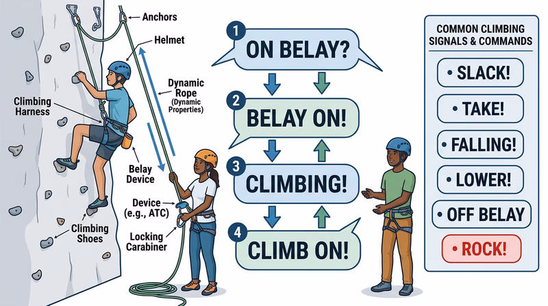 Diagram of a climber on a wall and belayer at the base with speech bubbles showing the standard call-and-response signal sequence