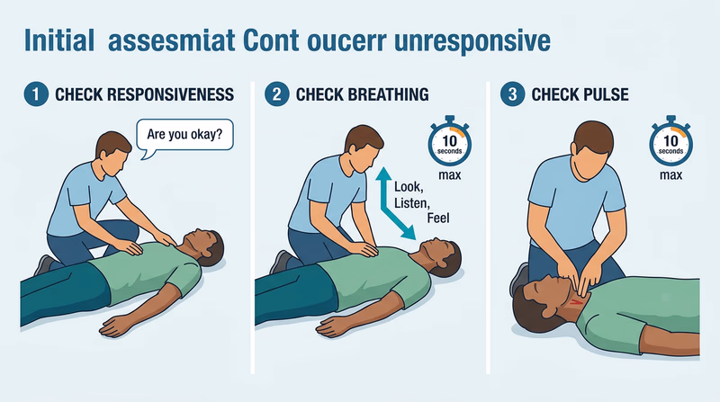 Three-panel diagram showing the CPR assessment sequence: checking responsiveness, checking breathing, and checking carotid pulse