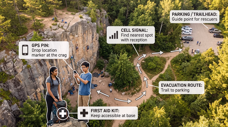 Climbing area with emergency planning annotations showing GPS pin location, cell signal spot, evacuation route to parking, and first aid kit placement