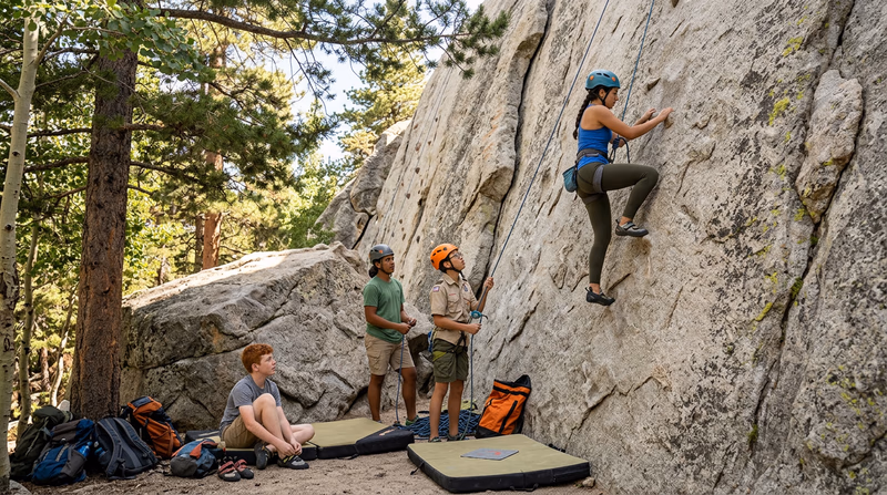 A group of teenagers at an outdoor crag, one climbing a route while others belay and watch, with crash pads at the base of a nearby boulder