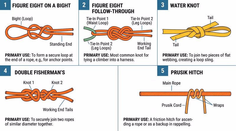 Five-panel diagram showing each essential climbing knot: figure eight on a bight, figure eight follow-through, water knot, double fisherman's knot, and Prusik hitch