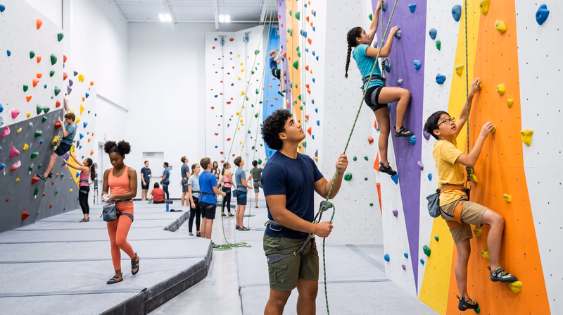 Interior of a modern climbing gym with colorful holds on angled walls, teenagers climbing and belaying, crash pads on the floor