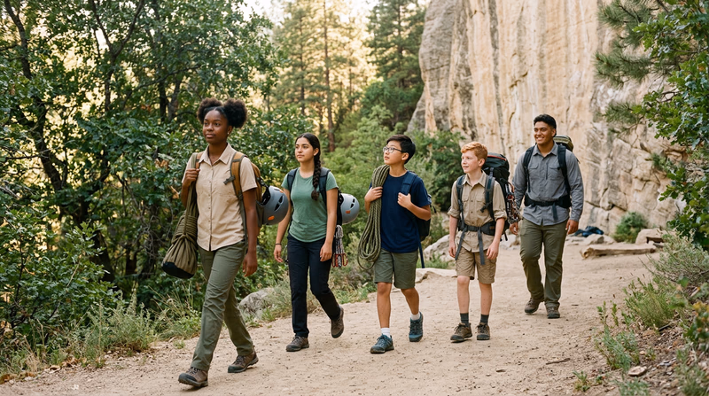 A clean outdoor climbing area with a trail leading to a rock face, teenagers with climbing gear walking on the established path