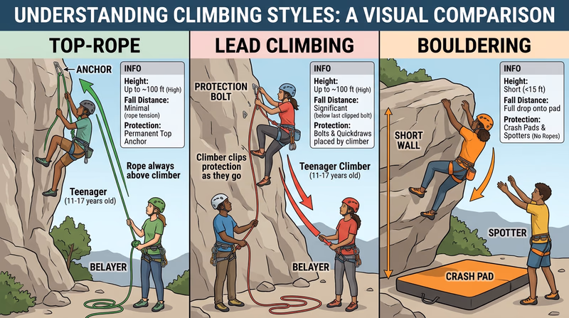 Three-panel comparison of top-rope climbing, lead climbing, and bouldering showing rope systems and protection differences