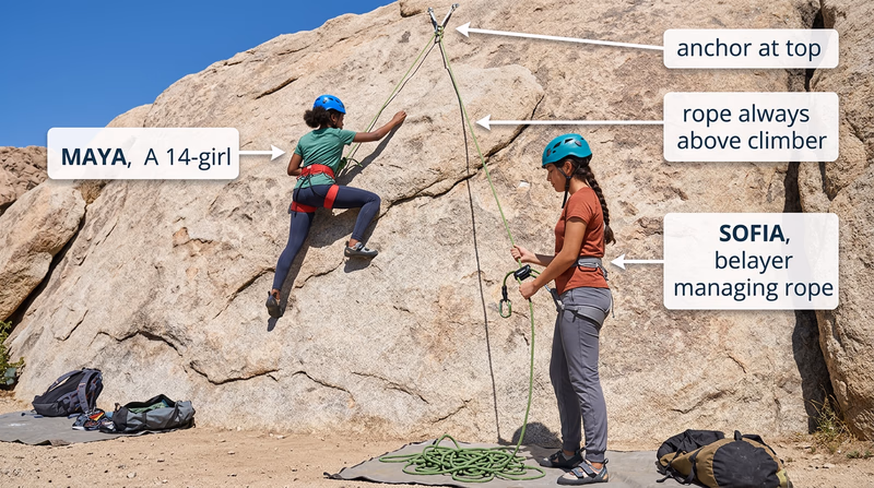 Two teenagers on an outdoor rock face with top-rope setup, showing the rope running through an anchor at top and back down to the belayer at the base