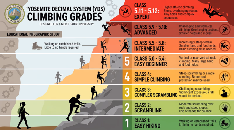 Infographic showing the Yosemite Decimal System from Class 1 through 5.12 with illustrations of terrain and body position at each level