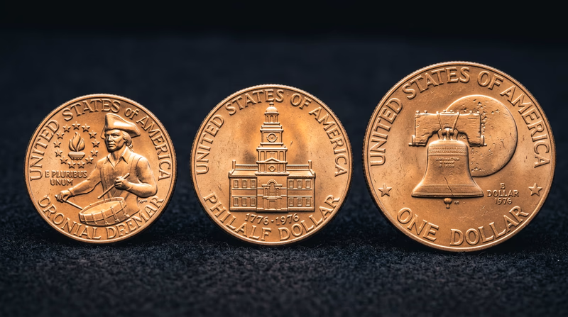 Three Bicentennial coins displayed showing their special reverse designs: the quarter with Colonial Drummer and 13 stars, the half dollar with Independence Hall, and the dollar with Liberty Bell superimposed on the Moon, each labeled with denomination and designer