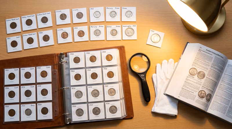 A well-organized coin collection in a display case, showing coins arranged by type in labeled holders, with a magnifying glass, cotton gloves, and a grading guide nearby, suggesting a serious but accessible collecting setup