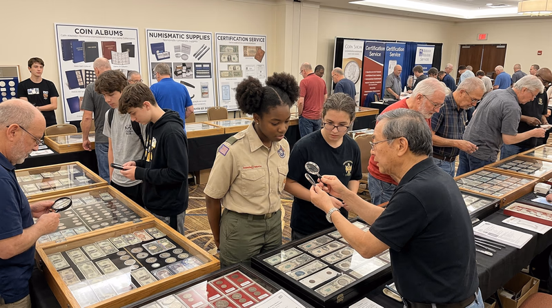 A bustling coin show floor with dealers at tables displaying coins in cases, visitors examining coins with magnifying glasses, and display boards showing coin albums and grading services signage, with a welcoming and educational atmosphere