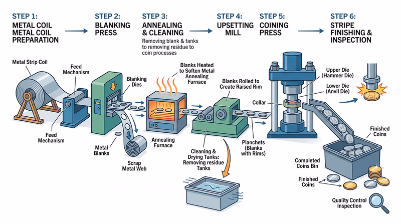 Diagram showing the six steps of coin production: metal coil, blanking press punching circles, annealing furnace, upsetting mill adding rim, coining press with two dies striking, and finished coins in a bag