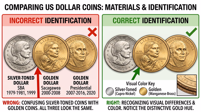 Three U.S. dollar coins arranged side by side: the Susan B. Anthony dollar (silver-colored with eleven-sided border), the Sacagawea dollar (golden color, smooth edge), and a Presidential dollar (golden, with edge lettering), each labeled with series name and years