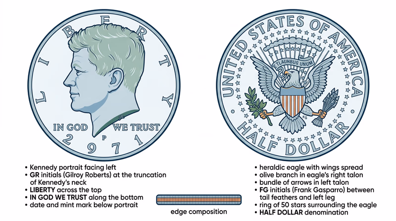 A detailed close-up of a Kennedy half dollar showing both obverse and reverse with labeled callouts pointing to: Kennedy's portrait, GR initials on neck truncation, the heraldic eagle, FG initials between tail feathers, the ring of 50 stars, and the edge showing either silver or clad composition