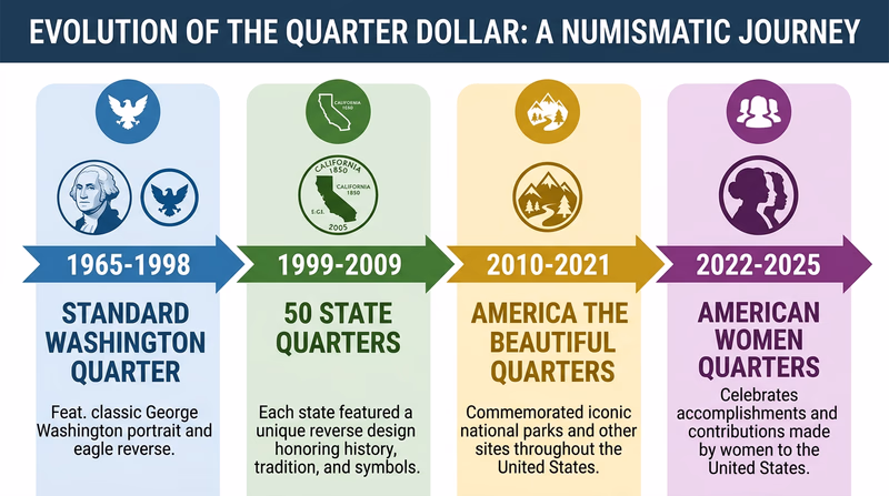 An infographic timeline showing the evolution of the quarter: a standard Washington quarter (1965-1998), then the 50 State Quarters era (1999-2009) with a sample state design, the America the Beautiful era (2010-2021) with a national park design, and the American Women era (2022-2025) with a notable woman design, with years and program names clearly labeled