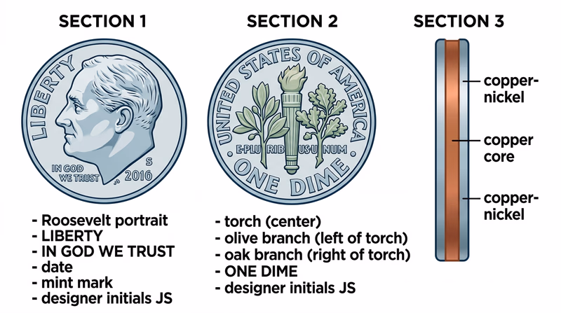 A large, detailed view of a Roosevelt dime showing both obverse and reverse, with labeled callouts pointing to: Roosevelt's portrait, JS initials on neck, LIBERTY text, date, mint mark location, torch on reverse, olive branch, oak branch, and denomination. An edge-on view shows the copper-nickel clad layers