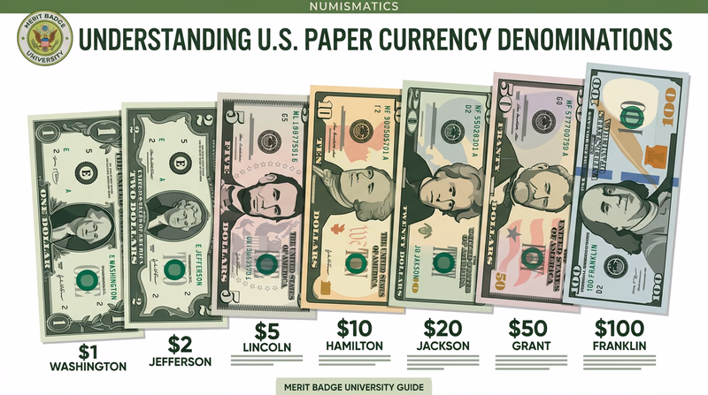 An infographic showing all seven U.S. currency denominations arranged in order ($1 through $100), each showing the portrait side with the person's name and title labeled beneath, in a clean educational layout