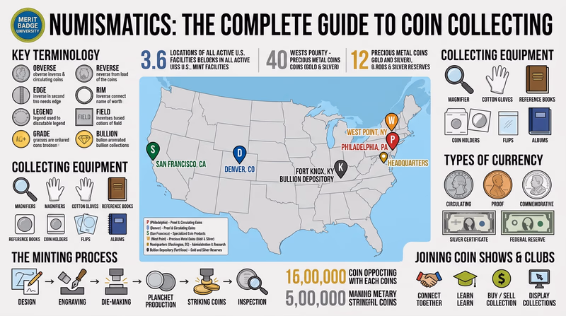 A simple map of the United States showing the locations of all active U.S. Mint facilities: Philadelphia (PA), Denver (CO), San Francisco (CA), West Point (NY), Washington D.C. headquarters, and Fort Knox (KY), with each location labeled with its mint mark letter