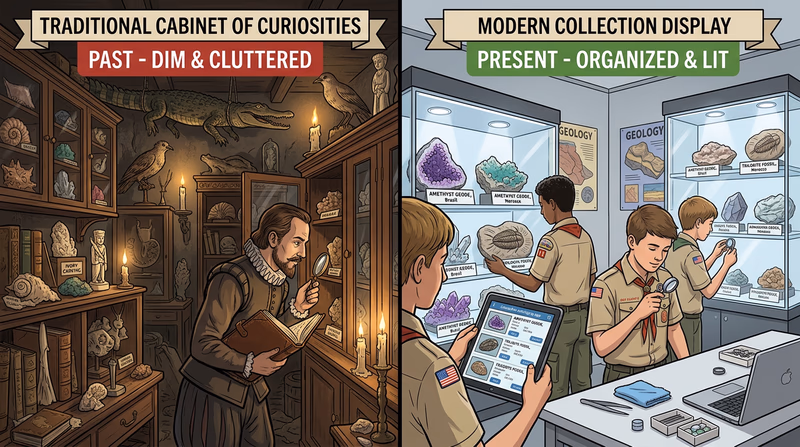 Split comparison: left side shows a Renaissance cabinet of curiosities with shells, minerals, and taxidermy; right side shows a modern collector's organized display with LED lighting, labeled cases, and a tablet for cataloging