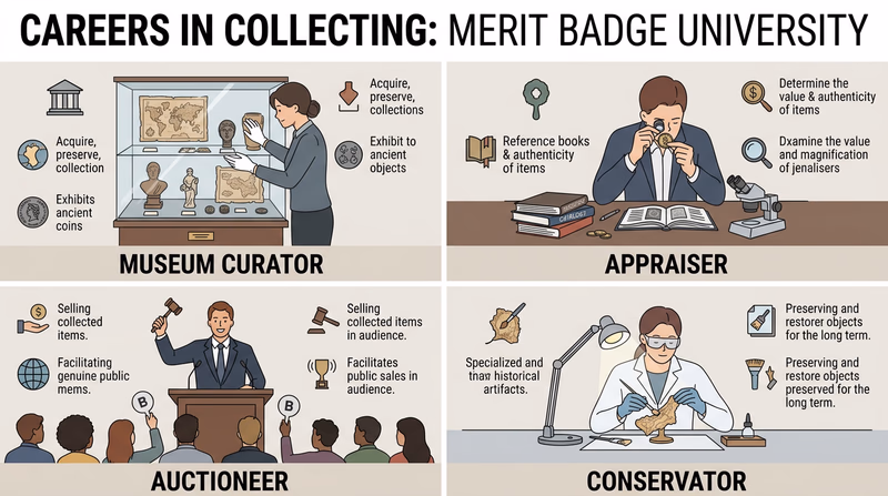 A montage showing four collecting career scenes: a museum curator arranging an exhibit, an appraiser examining an item with a loupe, an auctioneer at a podium, and a conservator carefully cleaning a historical artifact