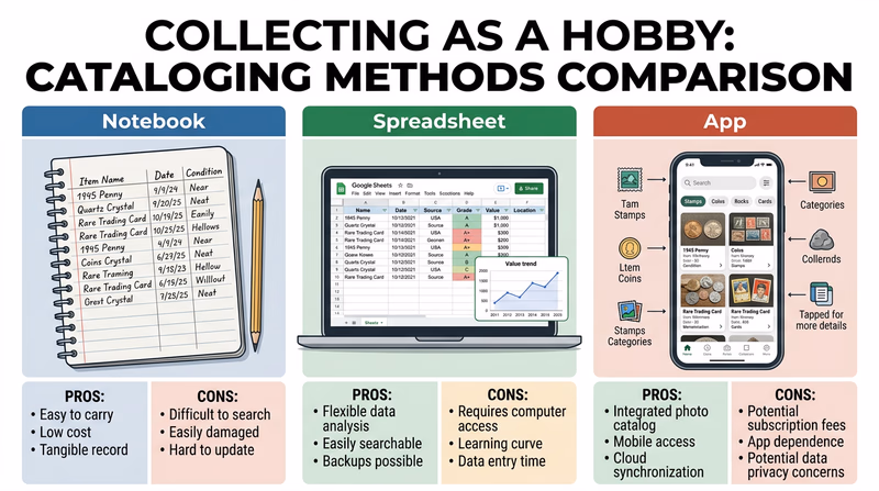 An infographic showing three cataloging methods side by side: a physical notebook with handwritten entries, a spreadsheet on a laptop screen, and a mobile phone with a specialized collection app