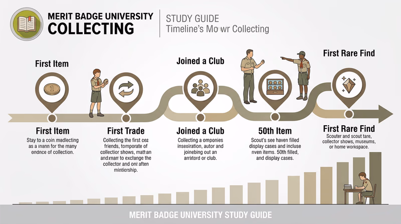 An infographic showing the growth of a collection over time, with a horizontal timeline marking milestones: first item, first trade, first show attended, 50th item, first rare find