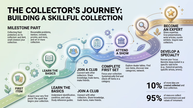 An illustrated roadmap or path diagram showing a collector's journey from beginner to advanced, with milestone markers for first item, first set completed, first show attended, first specialty identified, and expert status