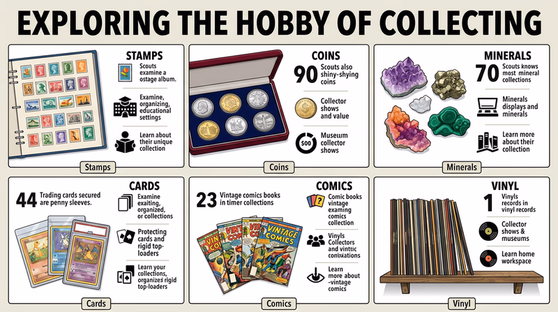 A grid showing six types of collections: stamps in an album, coins in a display case, colorful mineral specimens, trading cards in protective sleeves, vintage comic books, and vinyl records on a shelf
