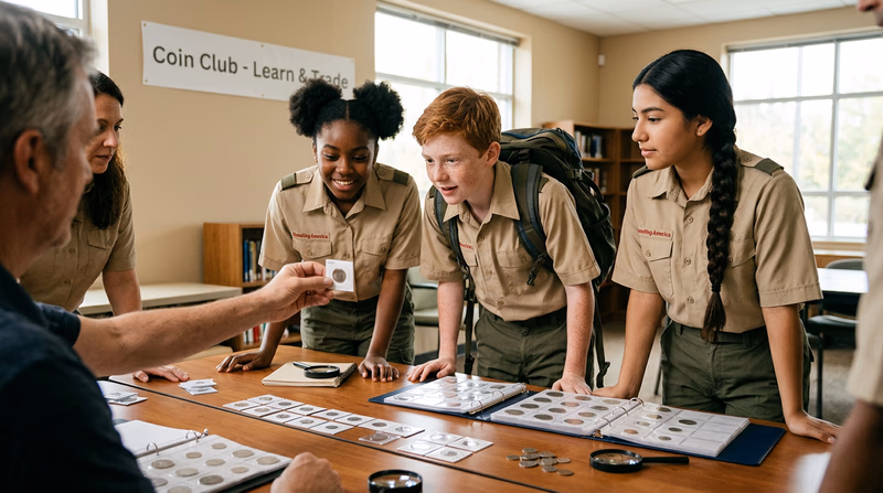 A group of collectors of various ages gathered around a table at a local club meeting, examining items together, with display boards and a club banner in the background