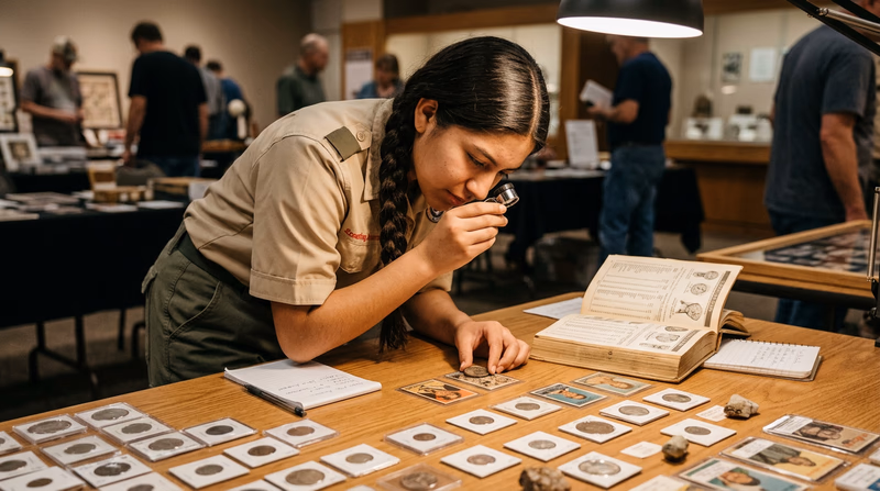 A Scout at a table examining a collection spread of coins or cards with a magnifying loupe, comparing items against a price guide book, with a notepad for recording assessments