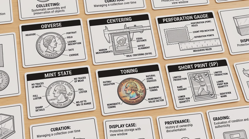 A set of flashcards spread on a table, each showing a collector term on front and definition on back, with small illustrations — a coin showing obverse/reverse, a stamp showing perforations, a card showing centering