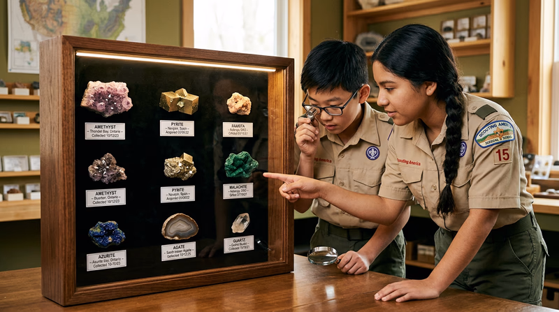 A well-organized collection display case showing mineral specimens in a shadow box with printed labels, proper lighting, and a felt-lined interior
