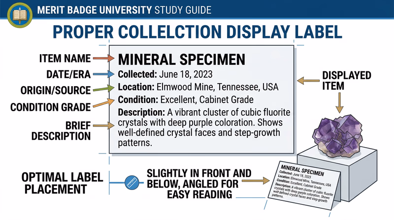 Close-up of a neatly labeled collection display showing proper label format: item name, date, origin, and a brief description on a small printed card next to a mineral specimen
