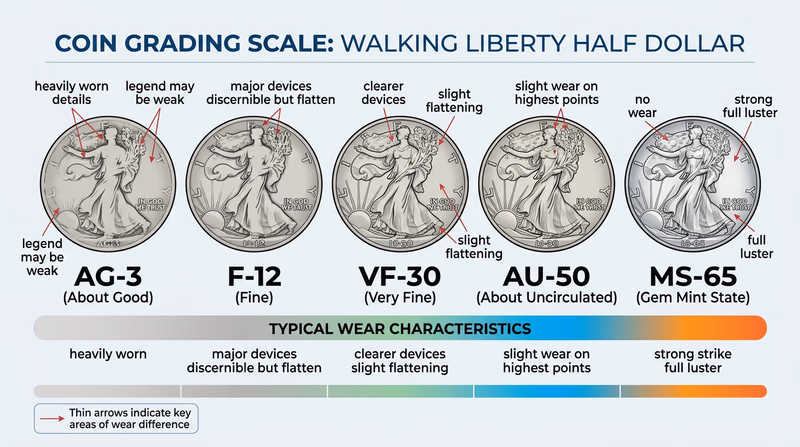 An educational diagram showing a single type of collectible item (like a coin) at five different grades from Poor to Mint State, with labeled arrows pointing to the specific signs of wear that distinguish each grade