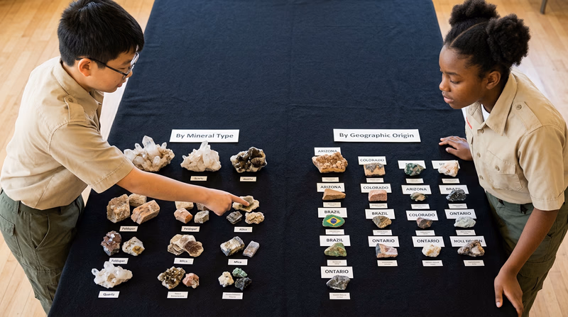 Two distinct groups of a collection arranged on a table — one group of minerals organized by color/type with small labels, and another group of minerals organized by geographic origin with location cards