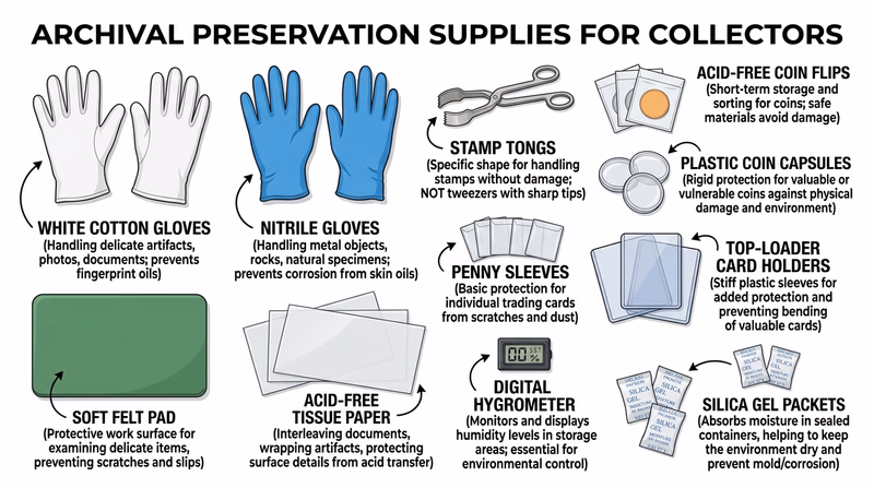 An array of archival preservation supplies laid out on a table: acid-free album pages, cotton gloves, stamp tongs, coin capsules, penny sleeves, top-loaders, and a soft felt pad