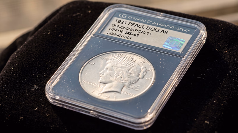 A close-up of a professionally graded collectible sealed in a tamper-evident plastic holder (slab) with a printed label showing the grade, certification number, and item identification