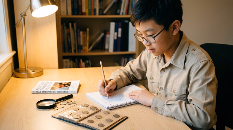 A Scout sitting at a desk writing in a notebook, with collection items spread out nearby for reference — coins in holders, a stamp album, and a magnifying glass