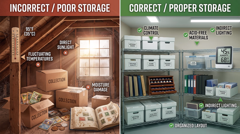 Split comparison: left side shows a humid attic with fluctuating temperatures and sunlight damage on stored items; right side shows a climate-controlled room with archival boxes on shelves and a hygrometer showing ideal humidity