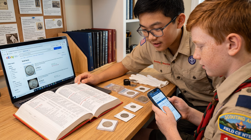 A Scout's desk with value research tools: a Red Book price guide opened to a coin listing, a laptop showing eBay sold listings, and a smartphone displaying a grading service population report