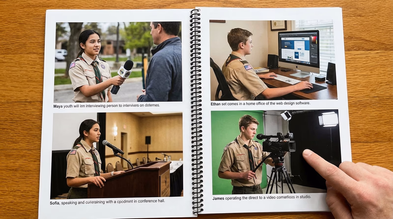 A four-panel illustration showing different communication careers: a journalist with a microphone, a web designer at a computer, a public speaker at a conference podium, and a video producer behind a camera