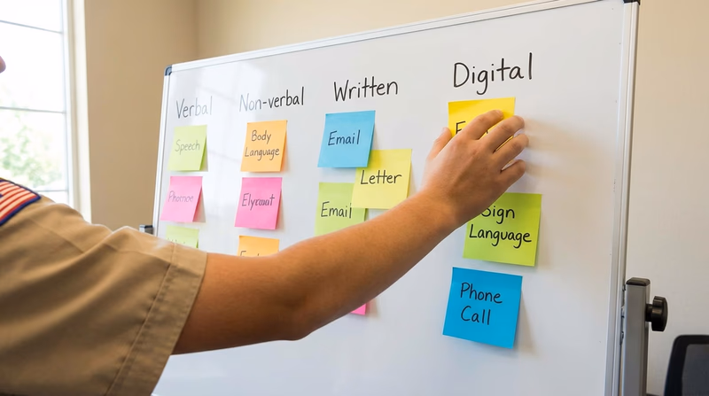 A whiteboard covered with sticky notes listing different communication methods, organized by category, with a Scout's hand adding a new note