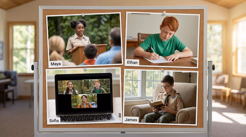 A collage showing different forms of communication: a person speaking at a podium, someone writing a letter, a group video call on a laptop, and a Scout reading a book