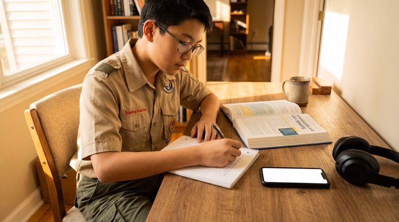 A Scout sitting at a desk writing in a notebook, with a phone, headphones, and an open book nearby, tracking communication activities