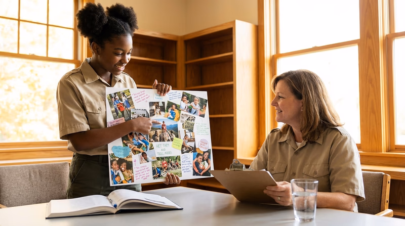 A Scout showing a colorful collage on a poster board to a merit badge counselor seated at a table, both smiling