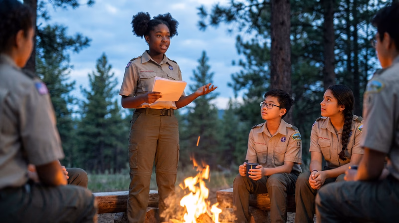 A Scout standing confidently near a campfire at dusk, addressing a group of Scouts seated in a semicircle, holding script notes
