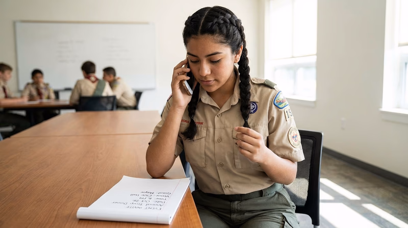 A Scout holding a phone and looking at a notepad with event details written on it, preparing to make a professional invitation call