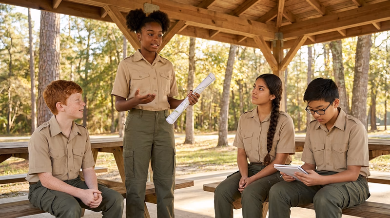 A Scout standing confidently in front of a small group of fellow Scouts, gesturing while explaining an idea, with an outdoor pavilion setting