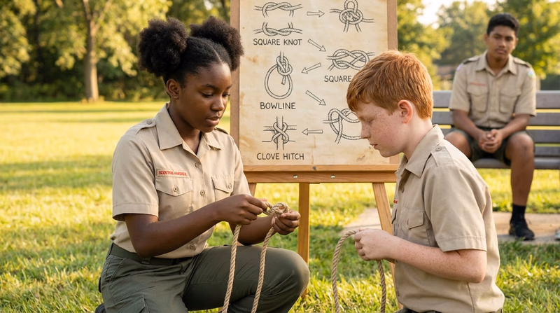 A Scout demonstrating how to tie a knot to a younger Scout, with a poster showing knot diagrams propped up behind them on an easel