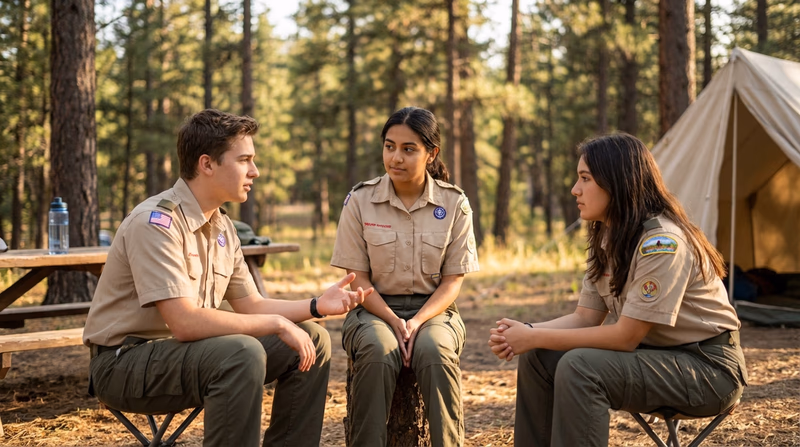 Two Scouts sitting face-to-face in a calm discussion, with a patrol leader mediating between them, in an outdoor campsite setting