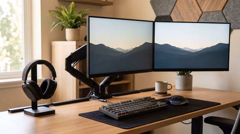 A clean ergonomic gaming desk setup with dual monitors, mechanical keyboard, mouse, and headset